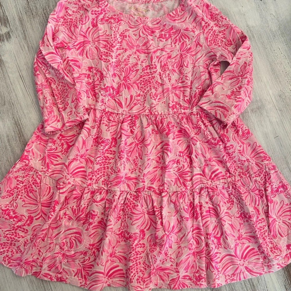 Lilly Pulitzer Girls Dress Size 6-7 Hotty Pink Sea Views Tiered Ruffle
